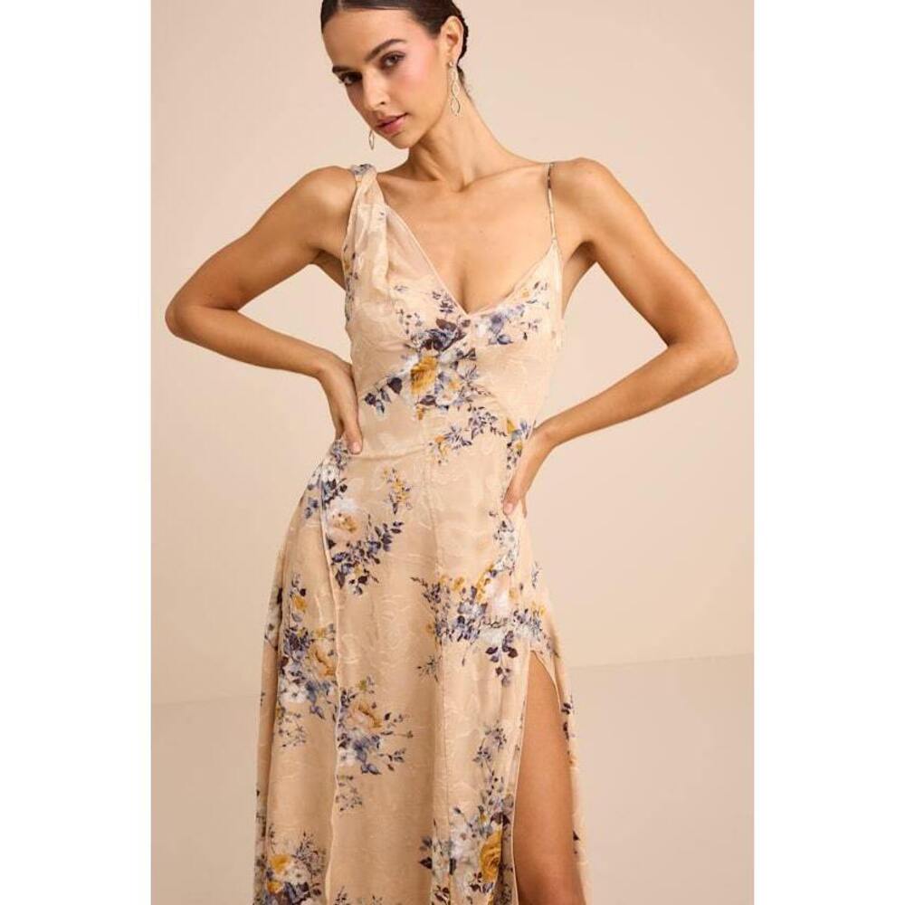 Lulus Eirwen Beige Floral Burnout Asymmetrical Midi Dress - Size L